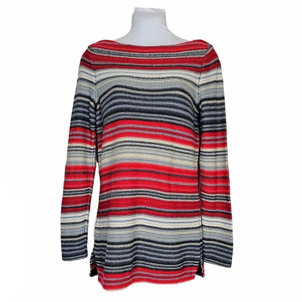 Lauren Ralph Lauren Striped Long Tunic Length Knit Sweater Cotton Blend Size M